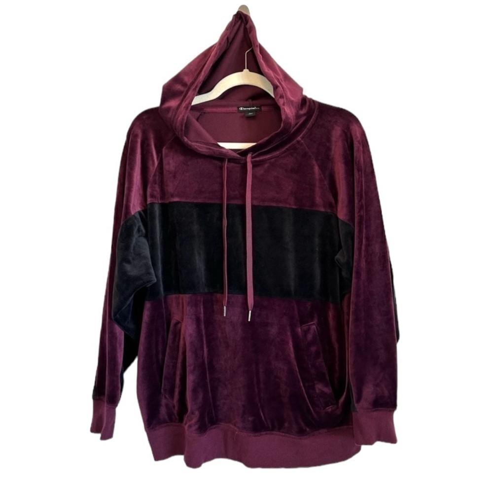 Champion soft velour / velvet hoodie purple black color block size L